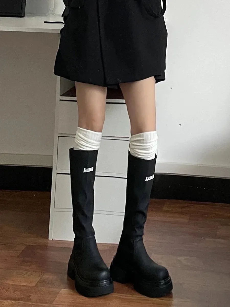 Amozae-Women's Autumn/winter White Versatile Solid Color Over-the-knee Socks Vertical Stripes For Boots
