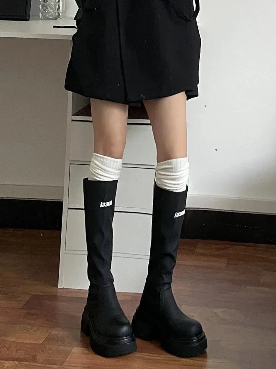 Amozae-Women's Autumn/winter White Versatile Solid Color Over-the-knee Socks Vertical Stripes For Boots