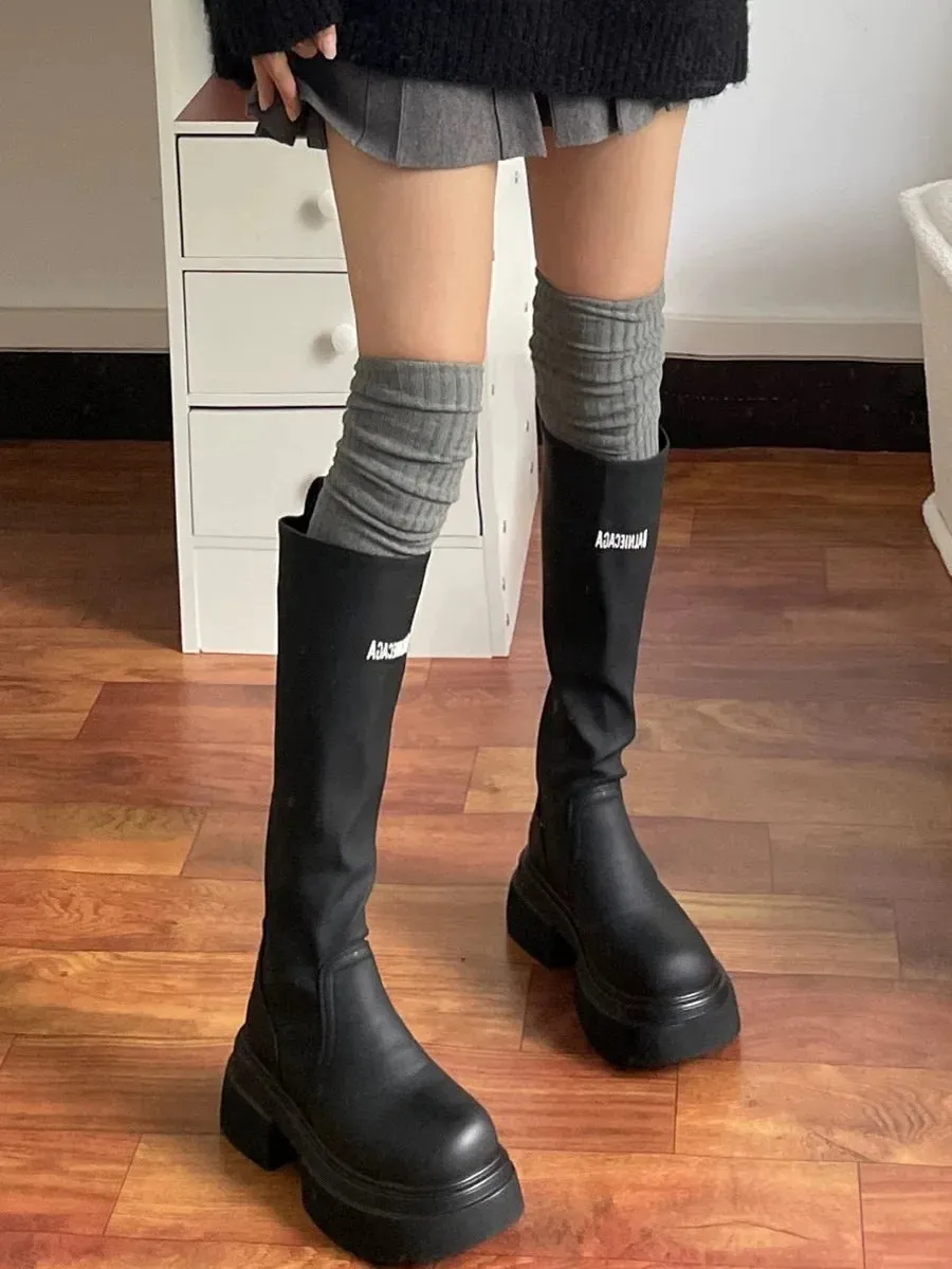 Amozae-Women's Autumn/winter White Versatile Solid Color Over-the-knee Socks Vertical Stripes For Boots