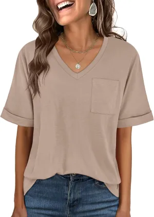 ANRABESS Women T Shirts Oversized Short Sleeve V Neck 2025 Summer Casual Loose Tops Basic Tee Shirts Outfits with Pocket