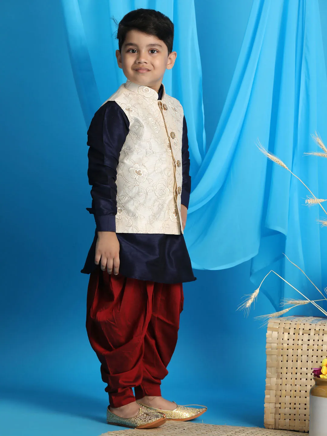 Boy's Blue, Beige And Maroon Jacket, Kurta And Dhoti Set - Vastramay Boys