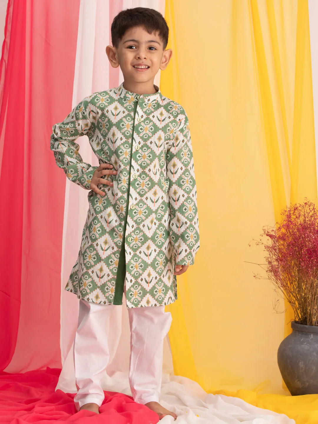 Boy's Green And White Kurta Pyjama Set - Vastramay Boys