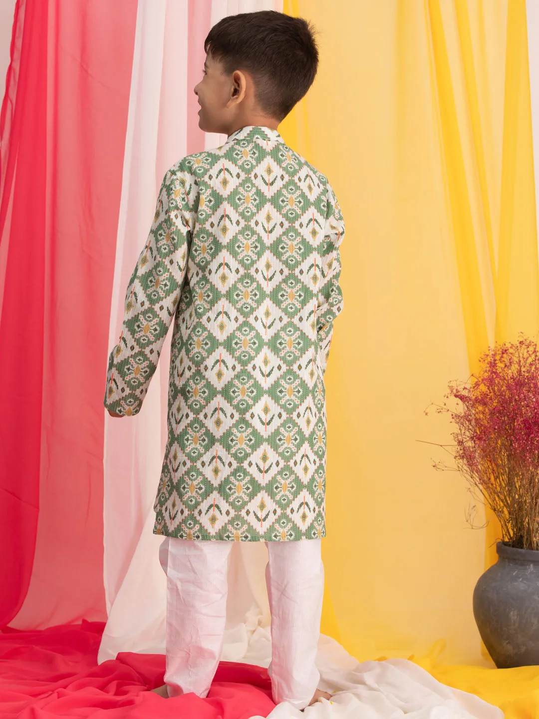 Boy's Green And White Kurta Pyjama Set - Vastramay Boys