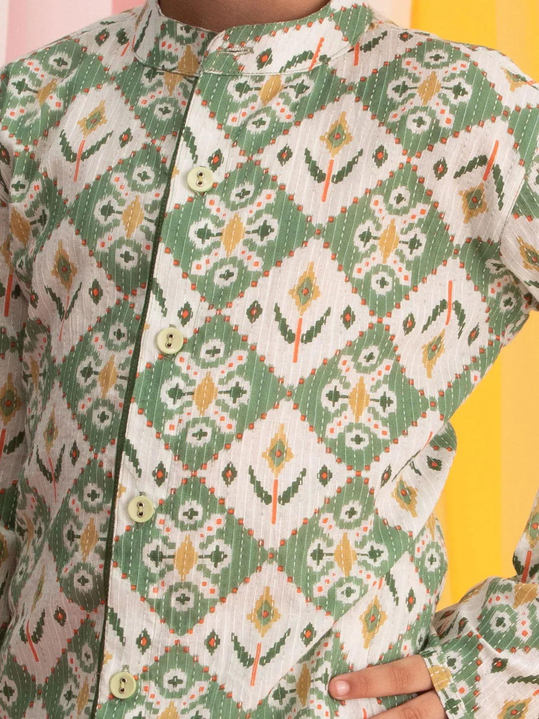 Boy's Green And White Kurta Pyjama Set - Vastramay Boys