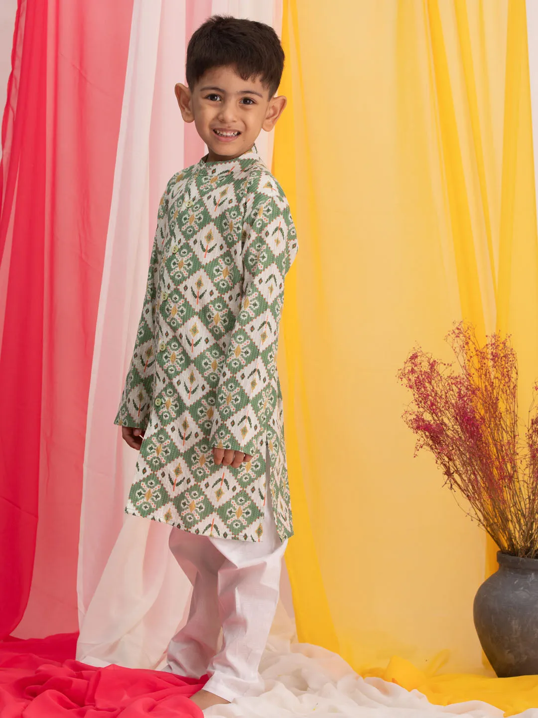 Boy's Green And White Kurta Pyjama Set - Vastramay Boys