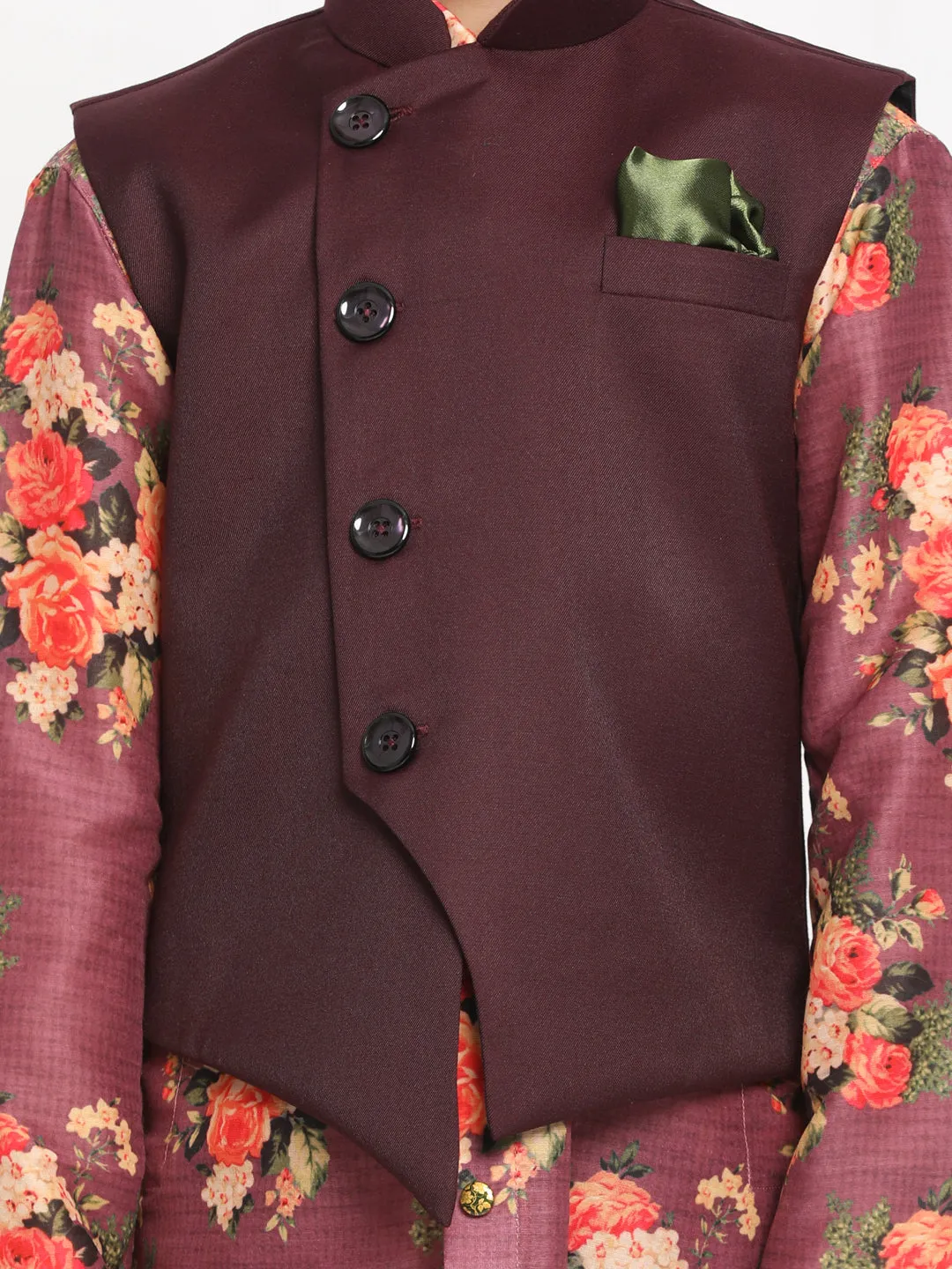 Boy's Multicolor Base Wine Cotton Blend Jacket, Kurta And Pyjama Set - JBN Creation