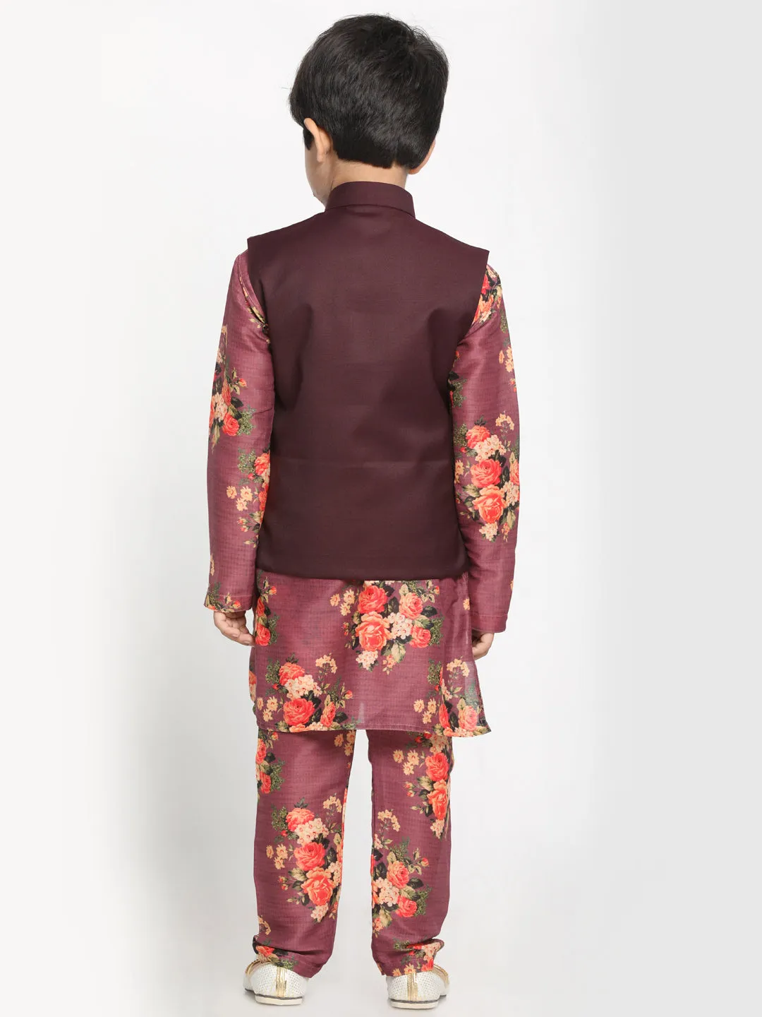 Boy's Multicolor Base Wine Cotton Blend Jacket, Kurta And Pyjama Set - JBN Creation