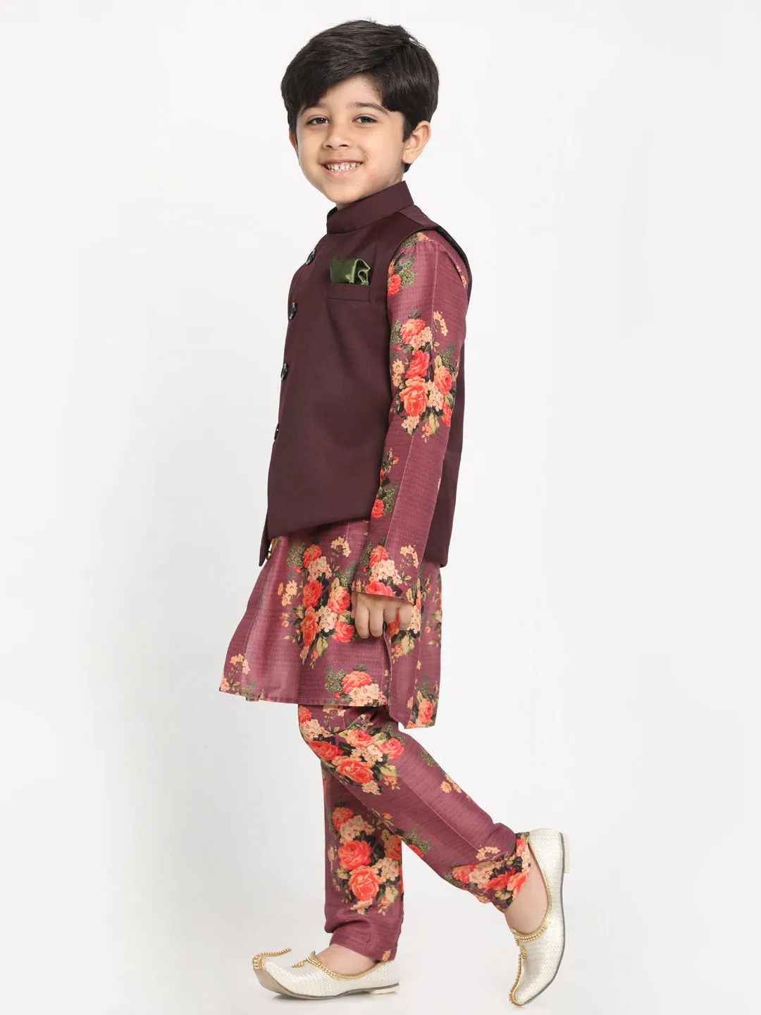 Boy's Multicolor Base Wine Cotton Blend Jacket, Kurta And Pyjama Set - JBN Creation