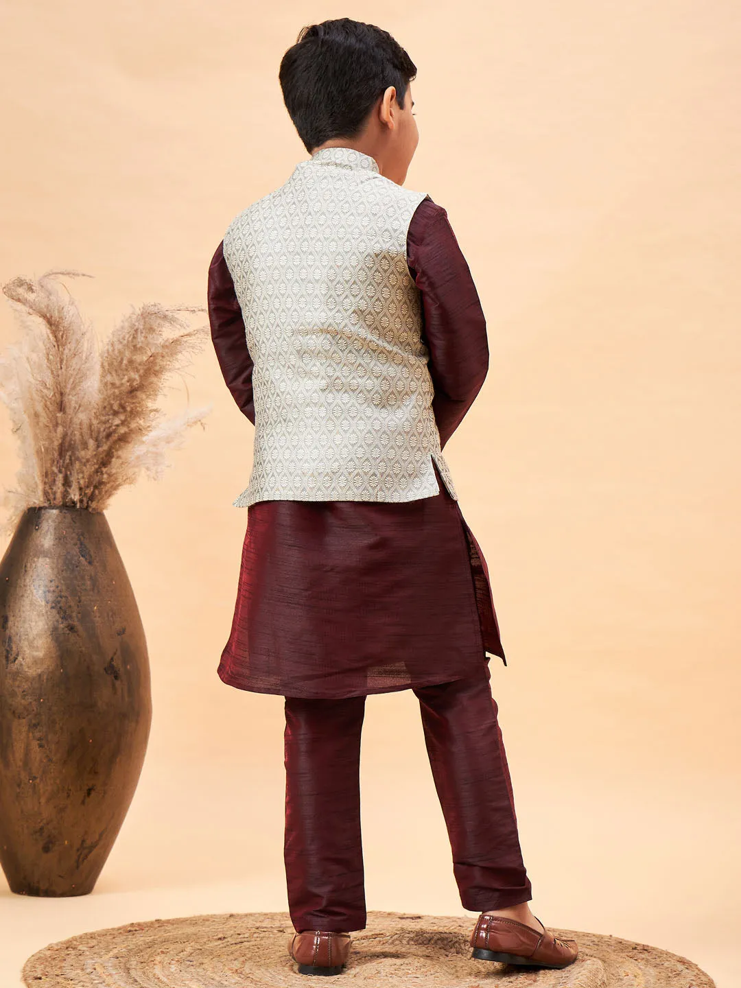 Boy's Wine And Beige Jacket, Kurta And Pyjama Set - Vastramay Boys