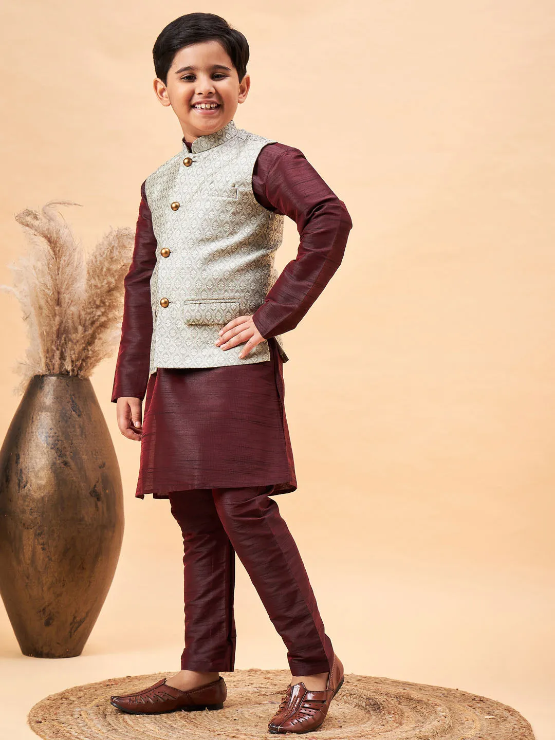Boy's Wine And Beige Jacket, Kurta And Pyjama Set - Vastramay Boys