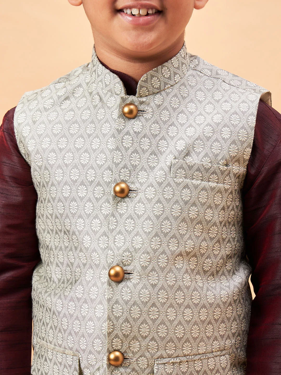 Boy's Wine And Beige Jacket, Kurta And Pyjama Set - Vastramay Boys