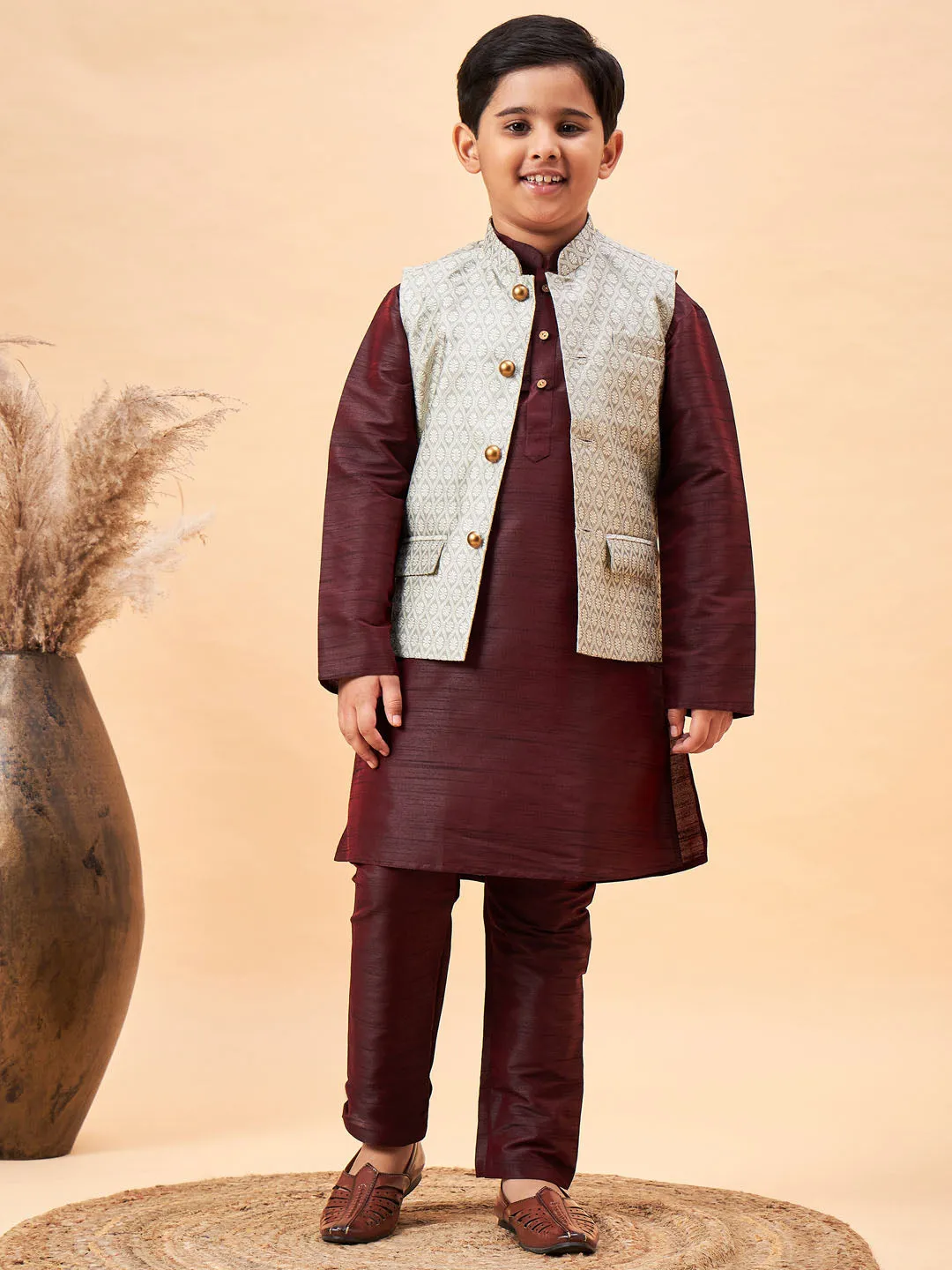 Boy's Wine And Beige Jacket, Kurta And Pyjama Set - Vastramay Boys