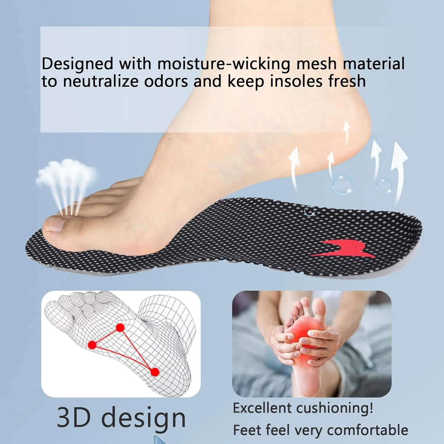 Breathable Shoe Insoles Inserts, Comfort Thin Lightweight Shoe Insole, Cushion Insoles Shock Absorbing for Foot Pain Relief, Replacement Insoles for Men Woman (Gray, XL:(Men10-11/Women11-12))