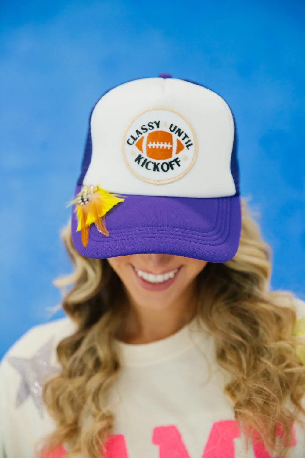 CLASSY UNTIL KICKOFF PURPLE AND WHITE TRUCKER