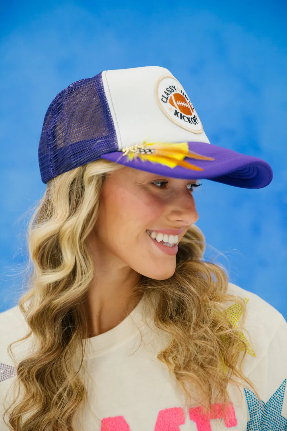 CLASSY UNTIL KICKOFF PURPLE AND WHITE TRUCKER