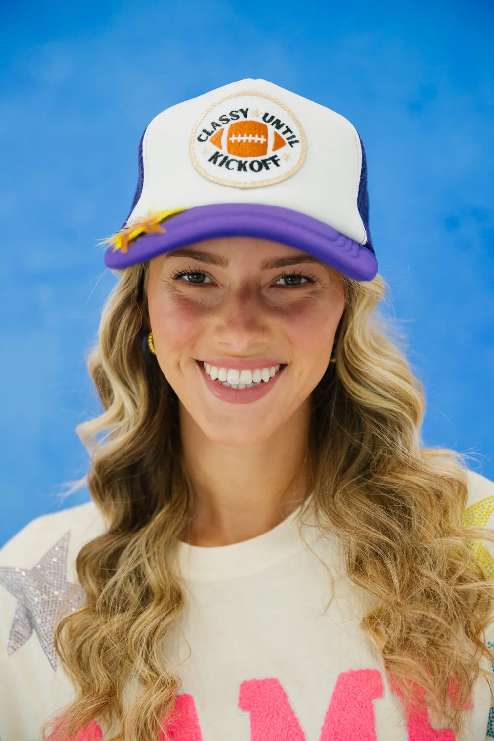CLASSY UNTIL KICKOFF PURPLE AND WHITE TRUCKER