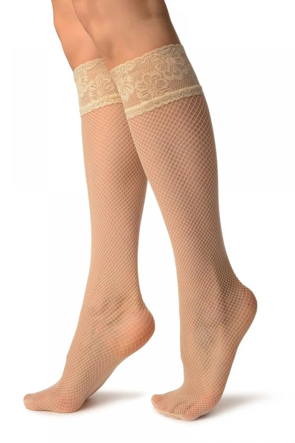 Cream Fishnet With Silicon Lace Socks Knee High