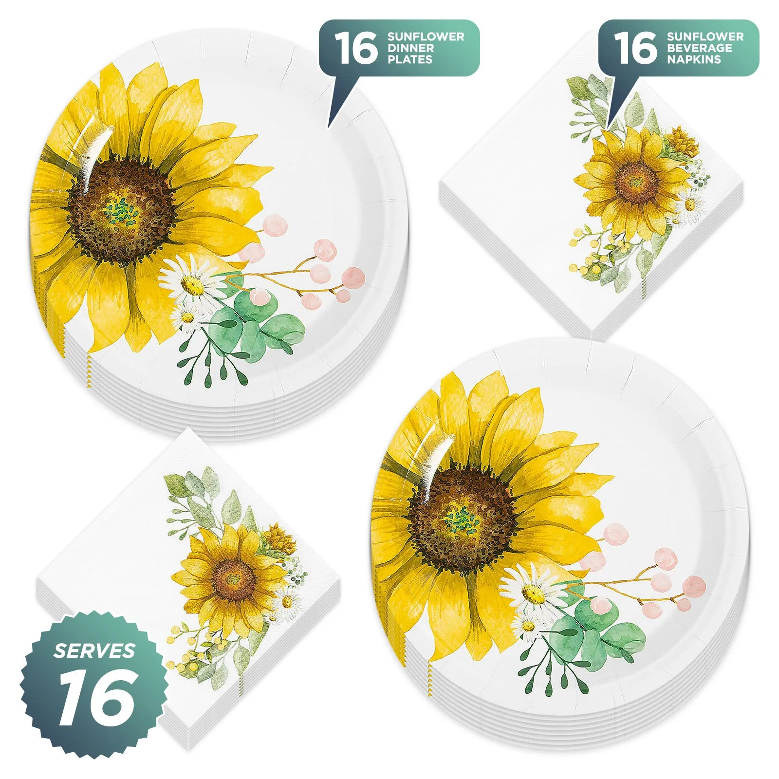 Farmhouse Sunflower Party Round Paper Dinner Plates and Luncheon Napkins (Serves 16)