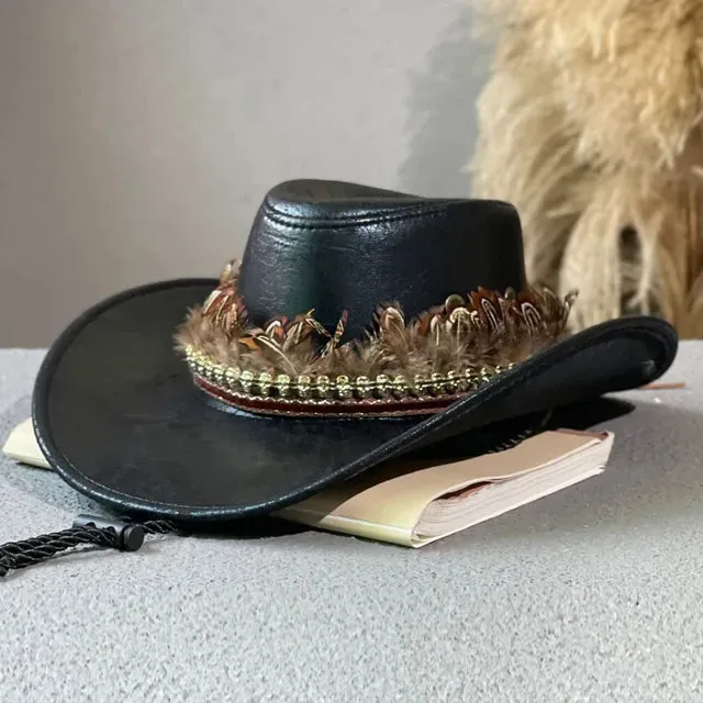 Faux Leather Vintage Feather Western Cowboy Hat