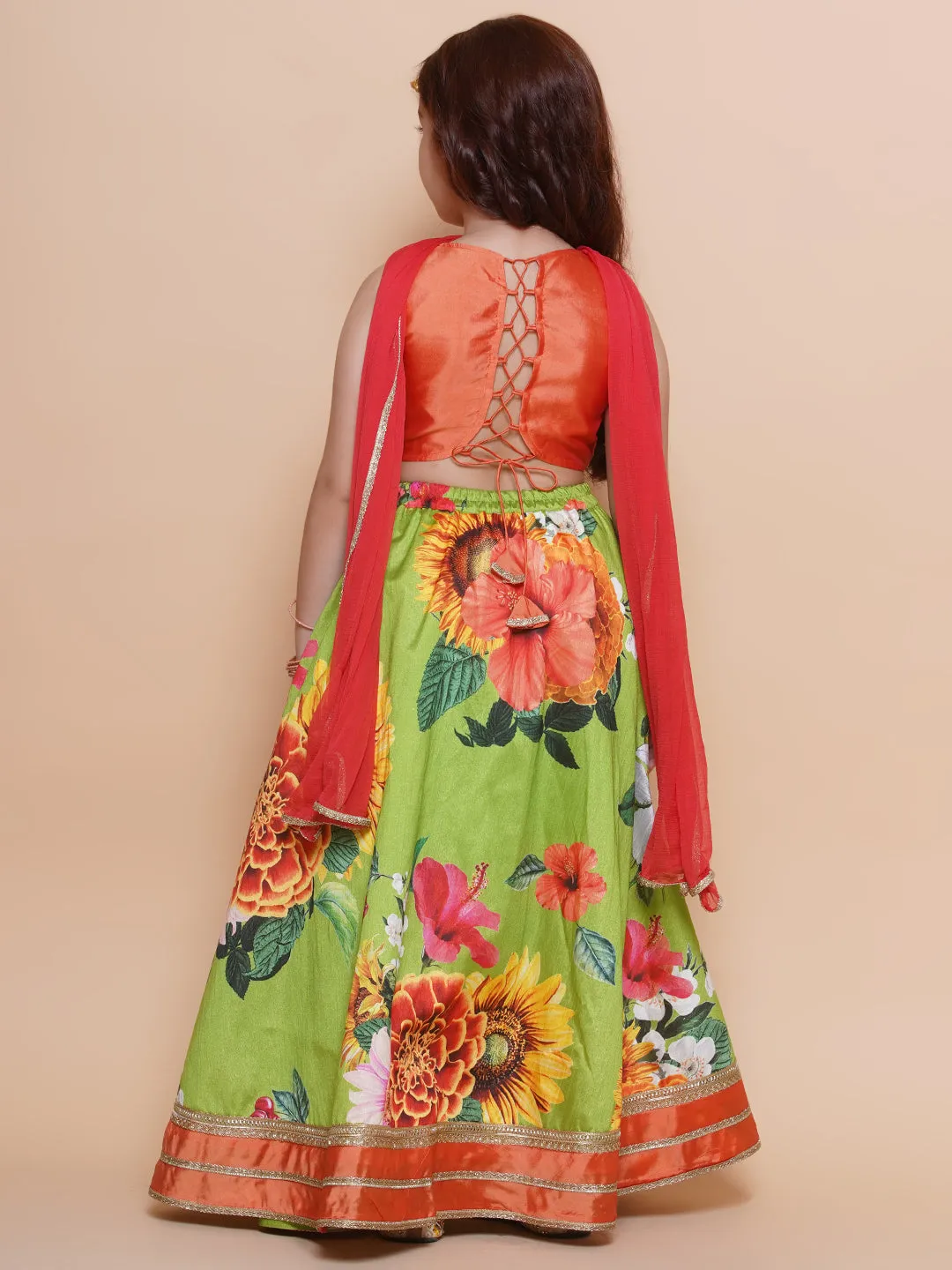 Girls Orange Embroidered Choli Green Flower printed Lehenga With Dupatta