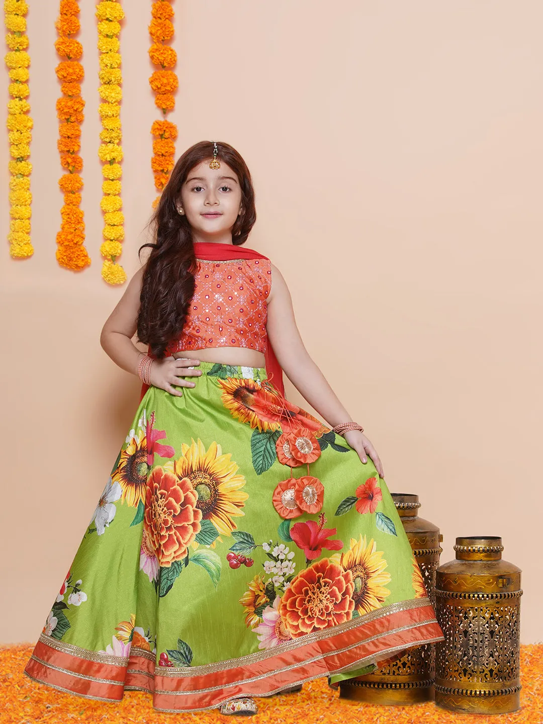 Girls Orange Embroidered Choli Green Flower printed Lehenga With Dupatta