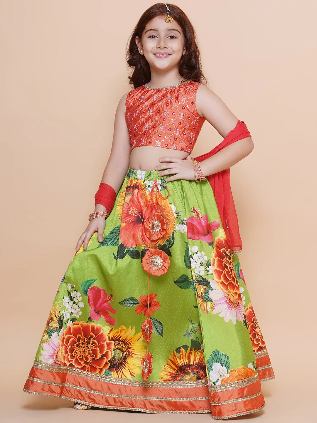 Girls Orange Embroidered Choli Green Flower printed Lehenga With Dupatta
