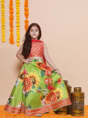 Girls Orange Embroidered Choli Green Flower printed Lehenga With Dupatta
