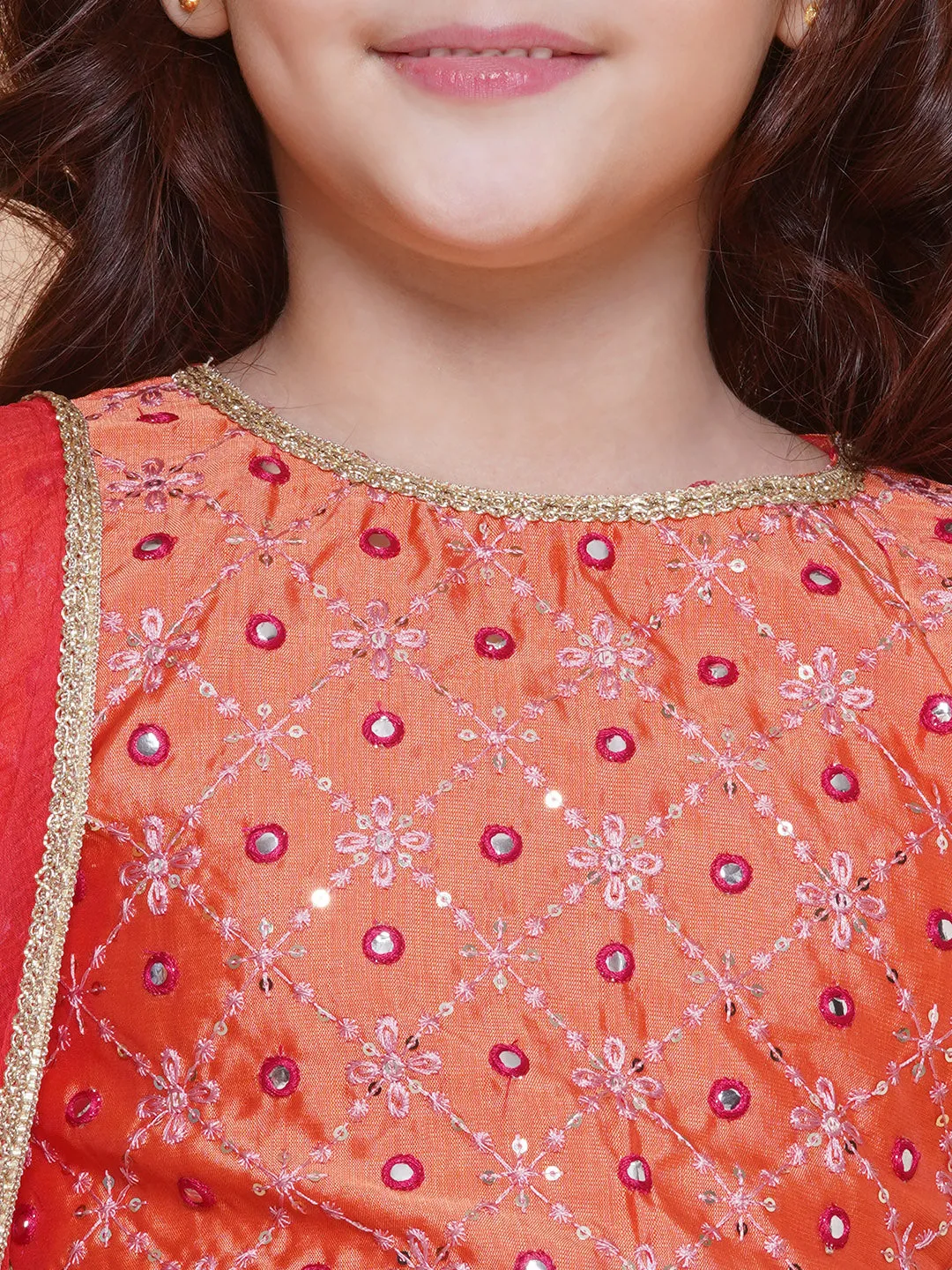 Girls Orange Embroidered Choli Green Flower printed Lehenga With Dupatta