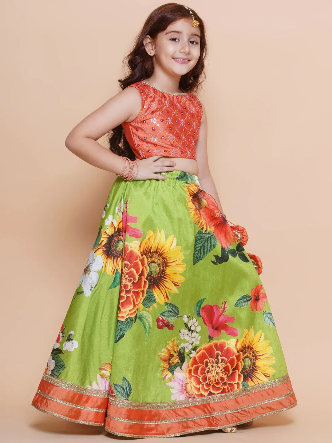 Girls Orange Embroidered Choli Green Flower printed Lehenga With Dupatta