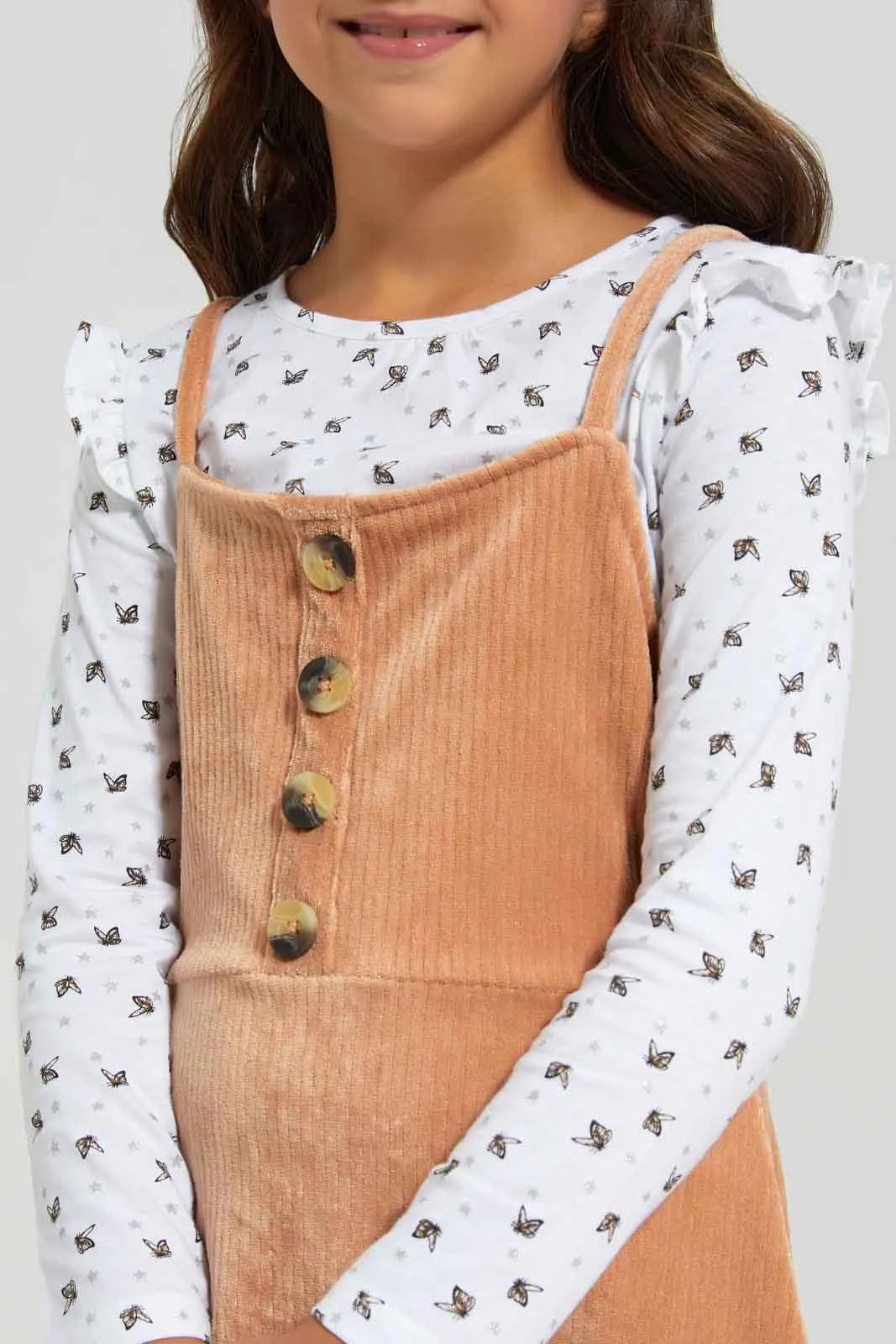 Girls White T-Shirt With Beige Velour Dress Sets (2 Piece)