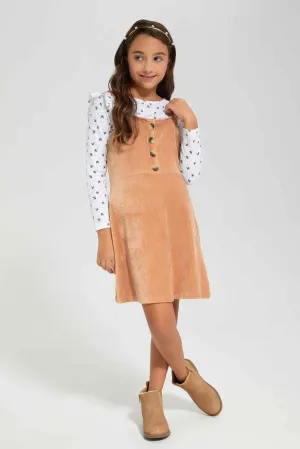 Girls White T-Shirt With Beige Velour Dress Sets (2 Piece)