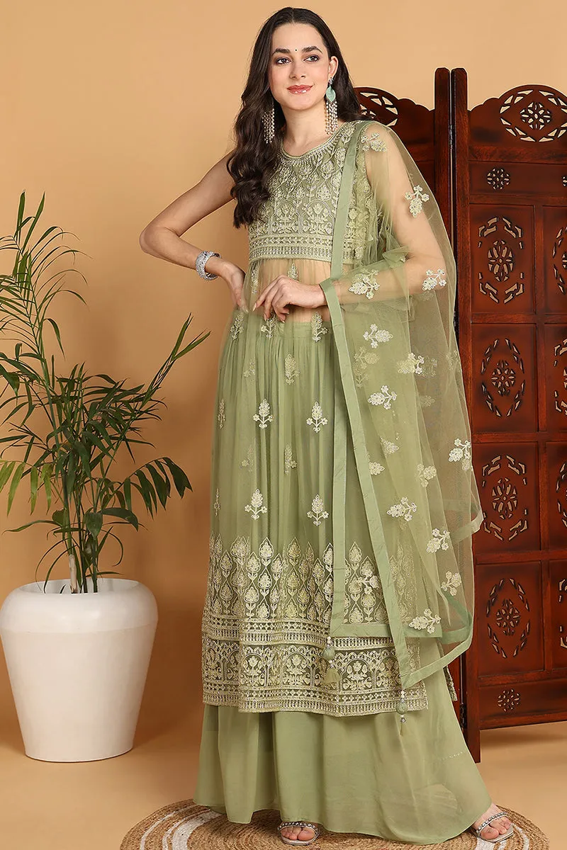 Green Net Ethnic Motifs Embroidered Straight Suit Set