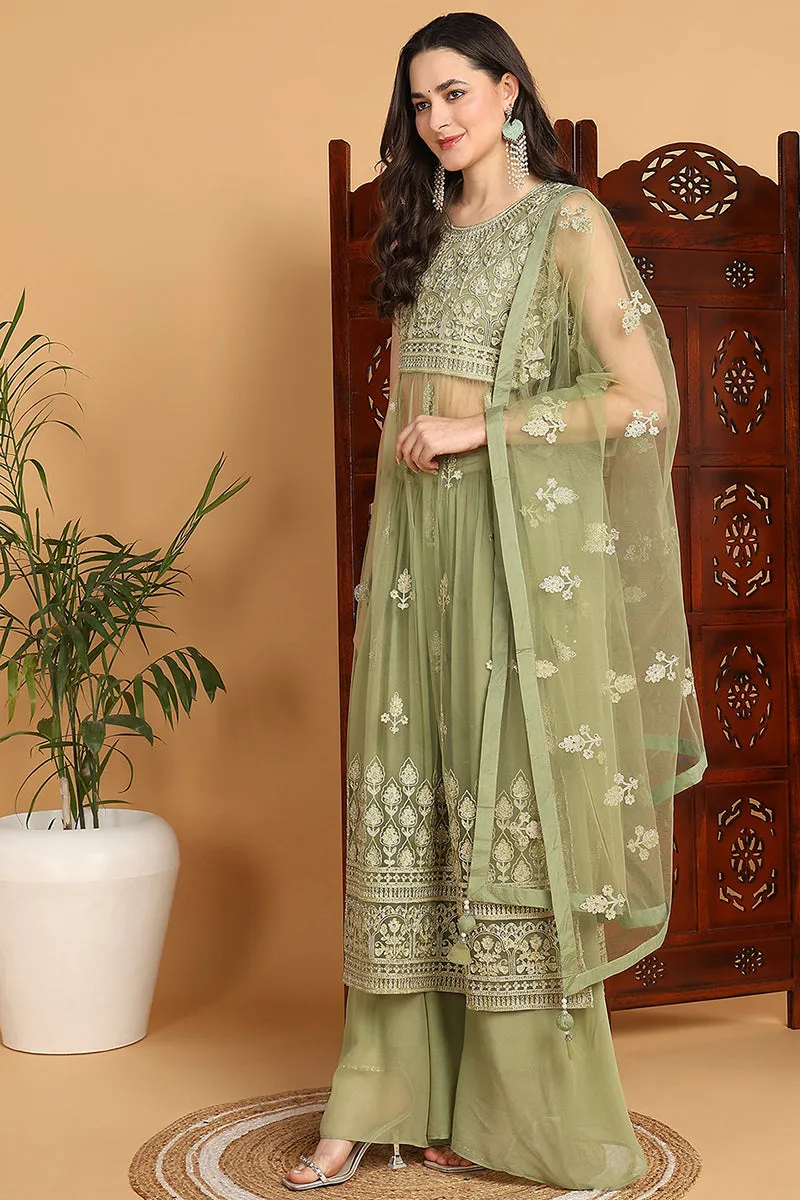 Green Net Ethnic Motifs Embroidered Straight Suit Set