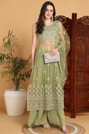 Green Net Ethnic Motifs Embroidered Straight Suit Set