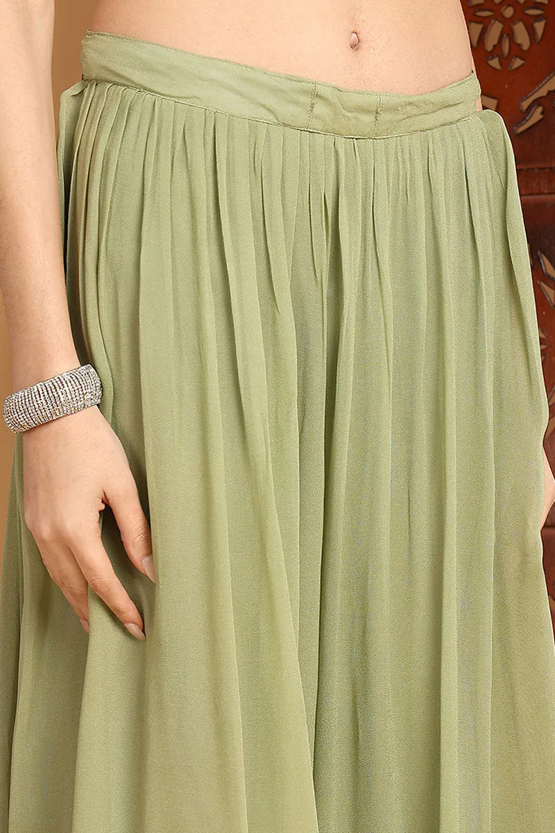 Green Net Ethnic Motifs Embroidered Straight Suit Set