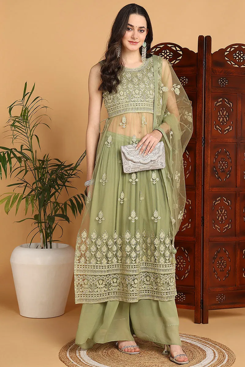 Green Net Ethnic Motifs Embroidered Straight Suit Set