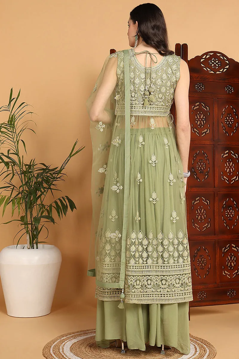 Green Net Ethnic Motifs Embroidered Straight Suit Set