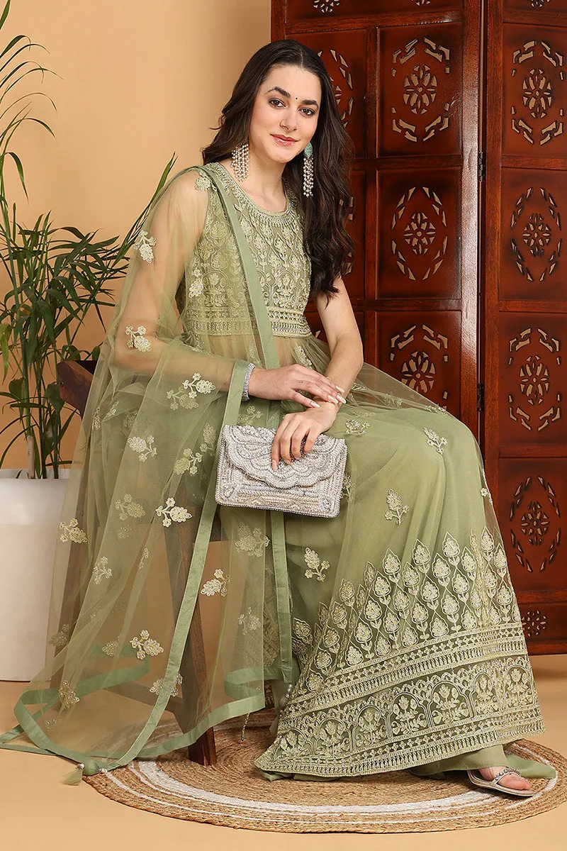 Green Net Ethnic Motifs Embroidered Straight Suit Set