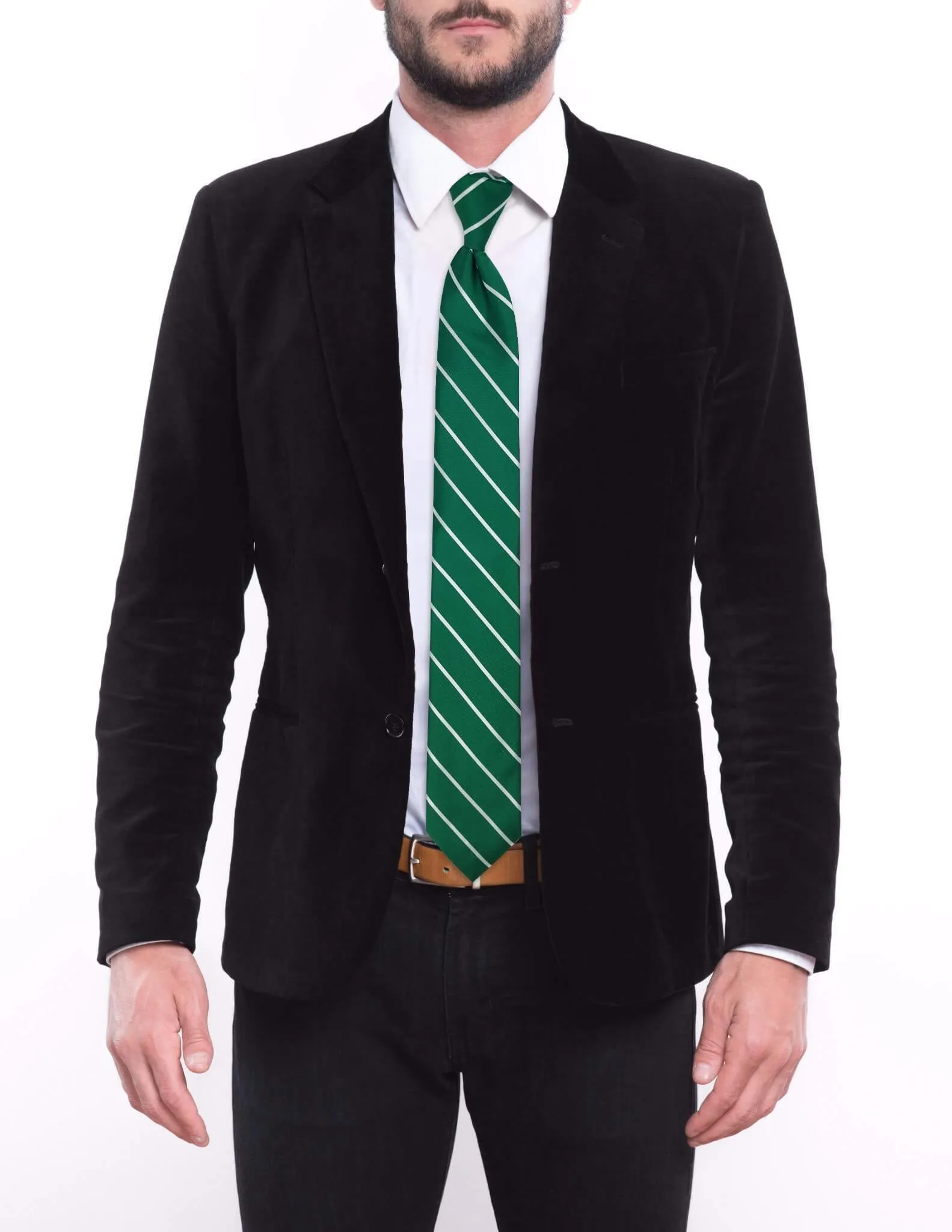 Green Silver Striped Traditional Tie