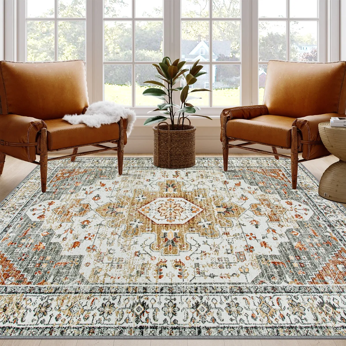 Helene Ultra-Thin Washable Vintage Floral Beige & Gold Area Rug