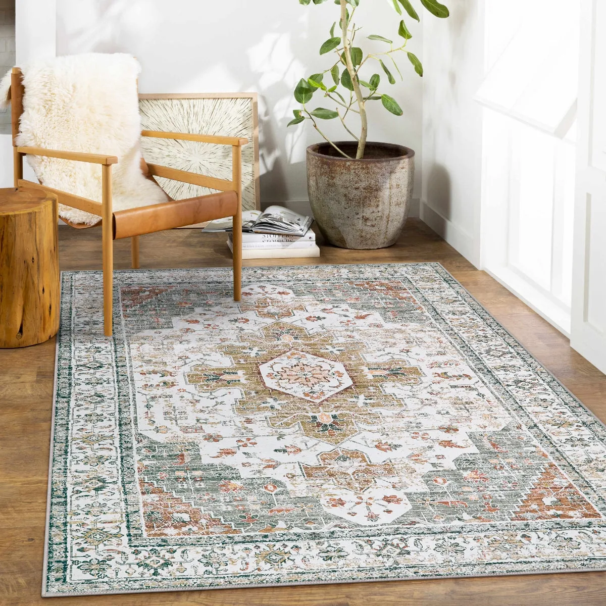 Helene Ultra-Thin Washable Vintage Floral Beige & Gold Area Rug