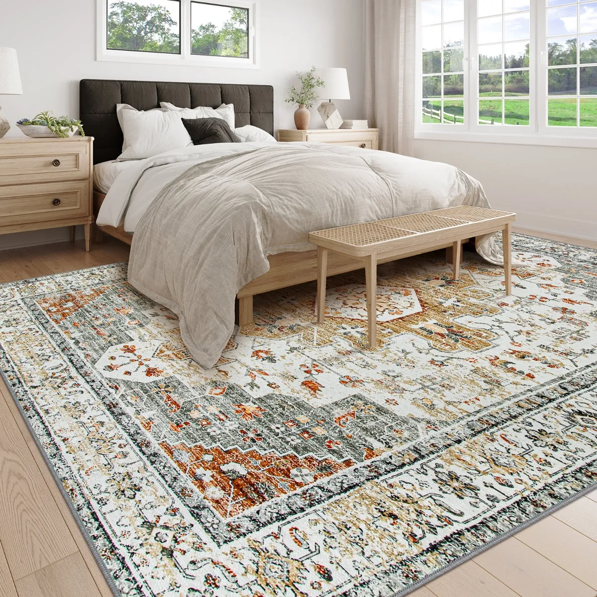 Helene Ultra-Thin Washable Vintage Floral Beige & Gold Area Rug