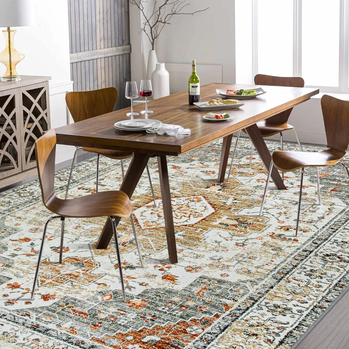 Helene Ultra-Thin Washable Vintage Floral Beige & Gold Area Rug