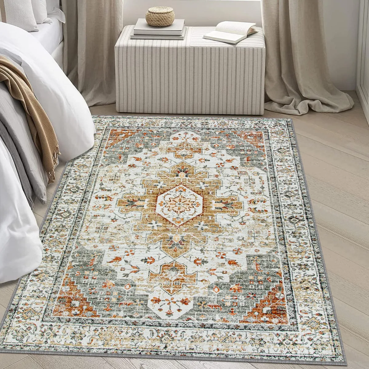 Helene Ultra-Thin Washable Vintage Floral Beige & Gold Area Rug