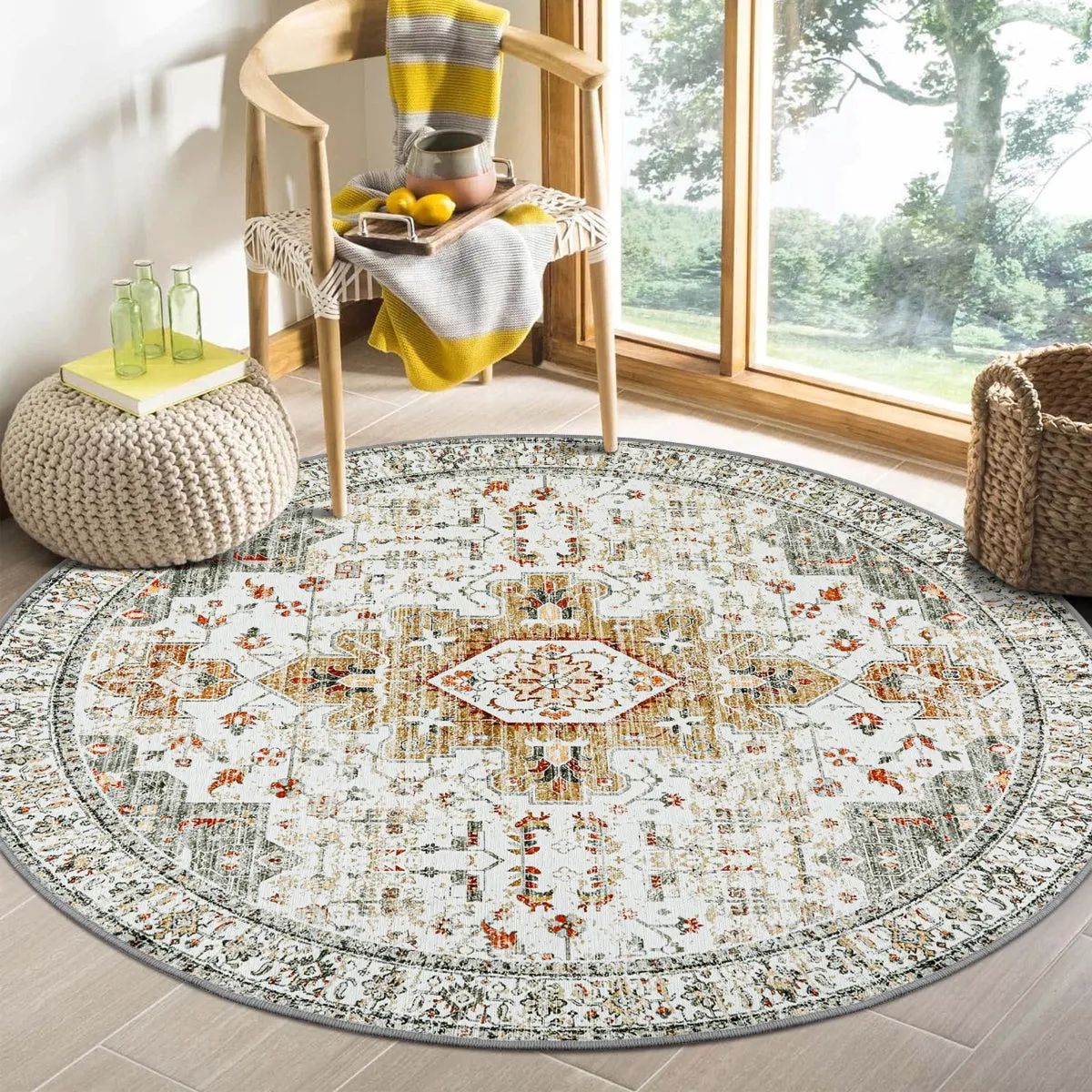 Helene Ultra-Thin Washable Vintage Floral Beige & Gold Area Rug
