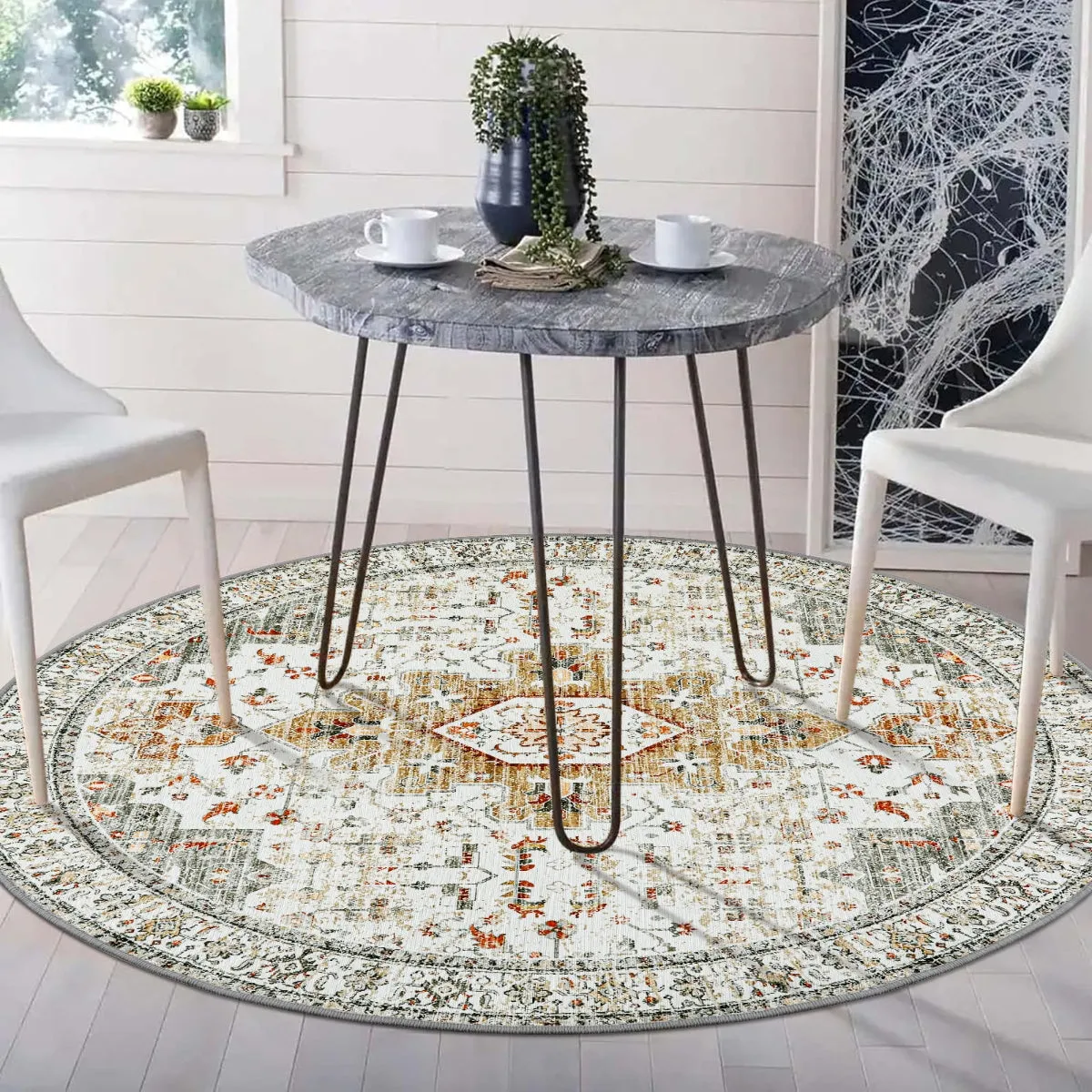 Helene Ultra-Thin Washable Vintage Floral Beige & Gold Area Rug