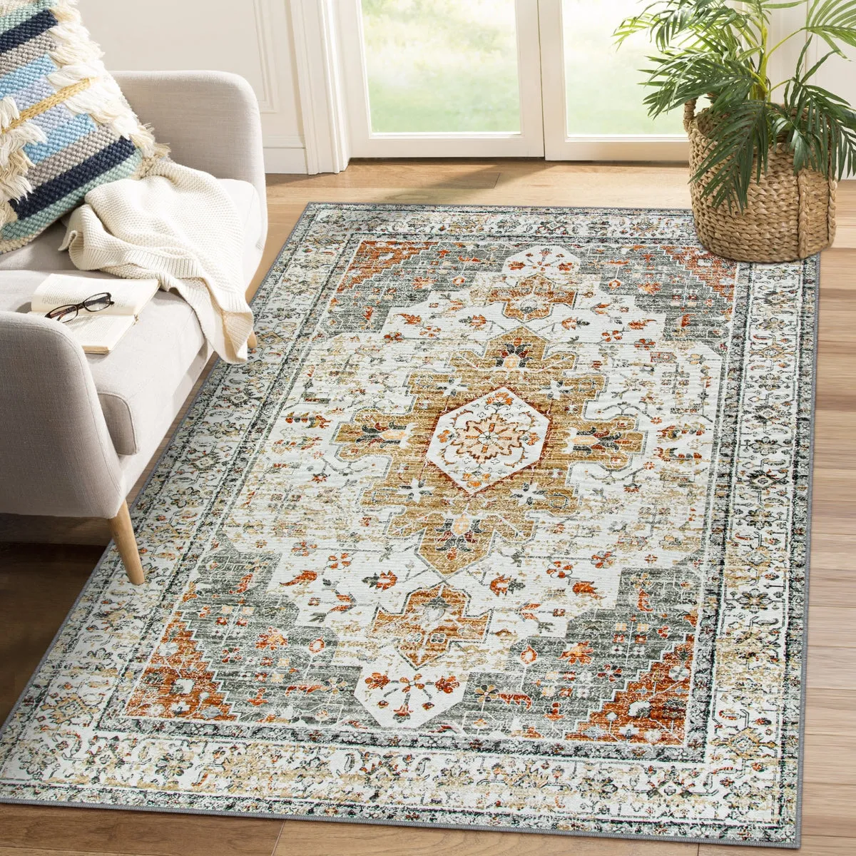 Helene Ultra-Thin Washable Vintage Floral Beige & Gold Area Rug