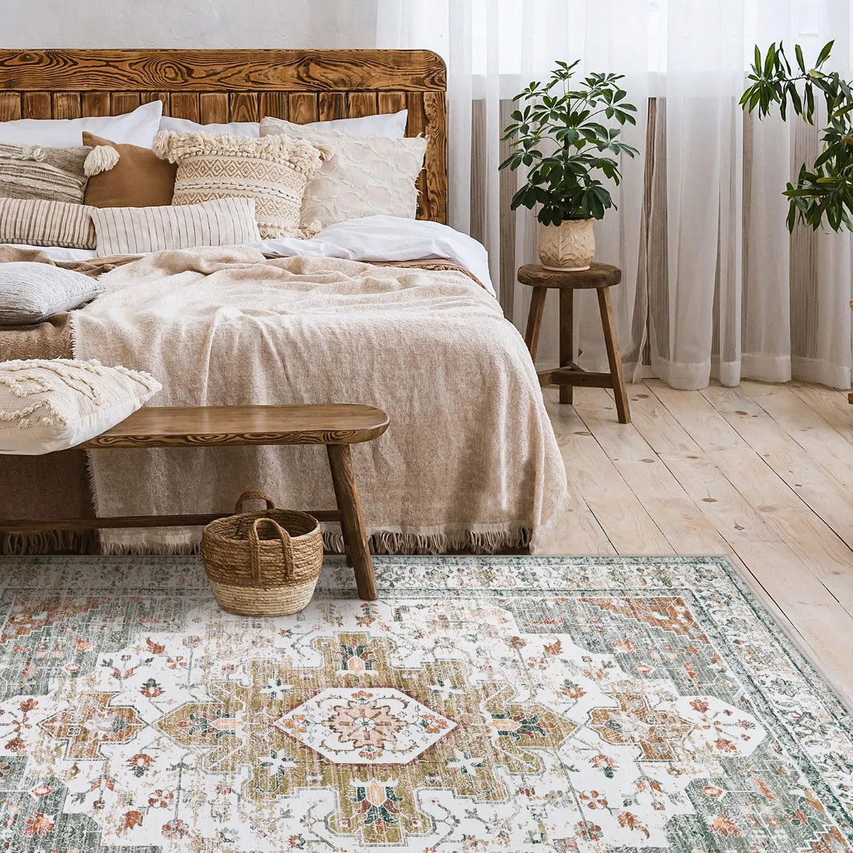 Helene Ultra-Thin Washable Vintage Floral Beige & Gold Area Rug