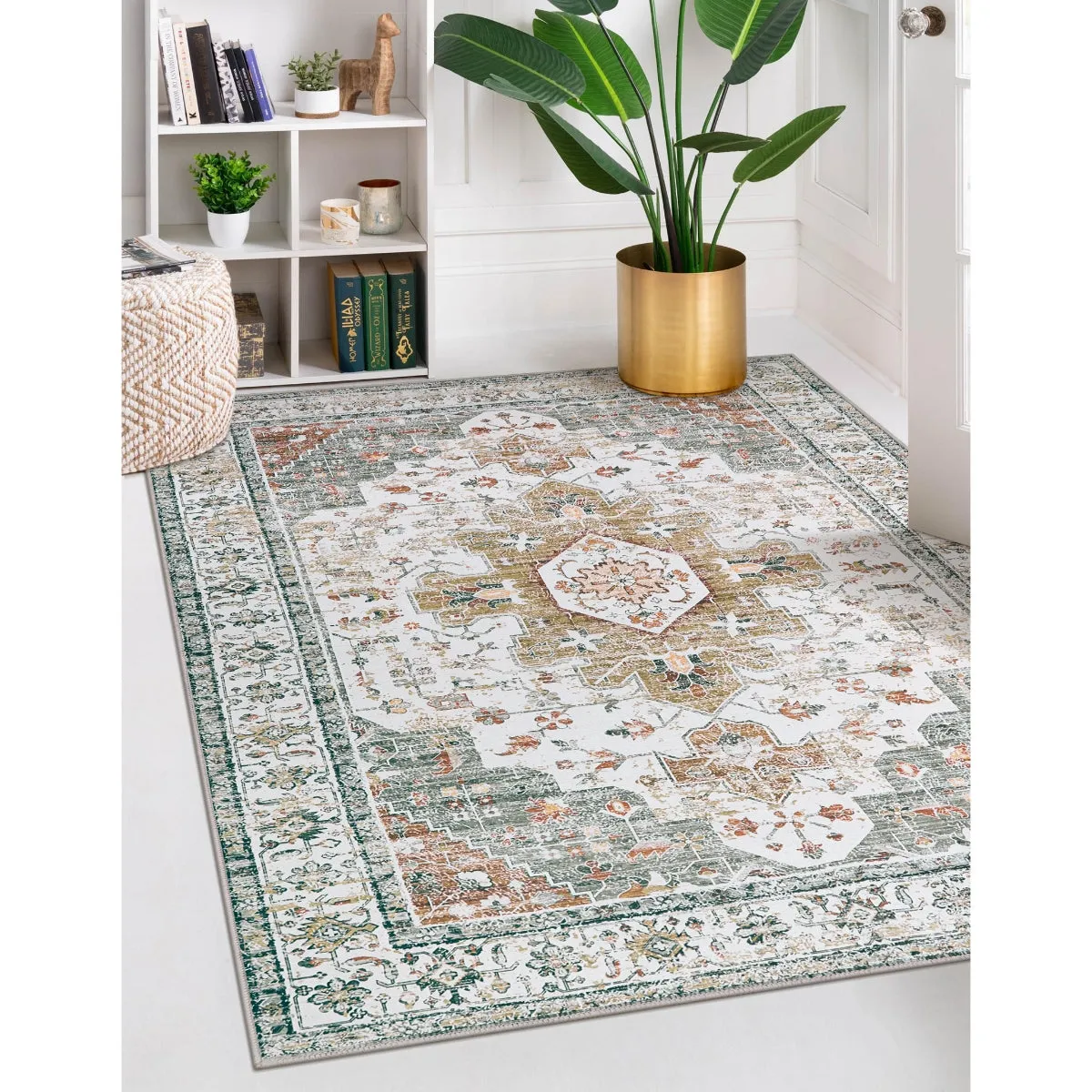 Helene Ultra-Thin Washable Vintage Floral Beige & Gold Area Rug
