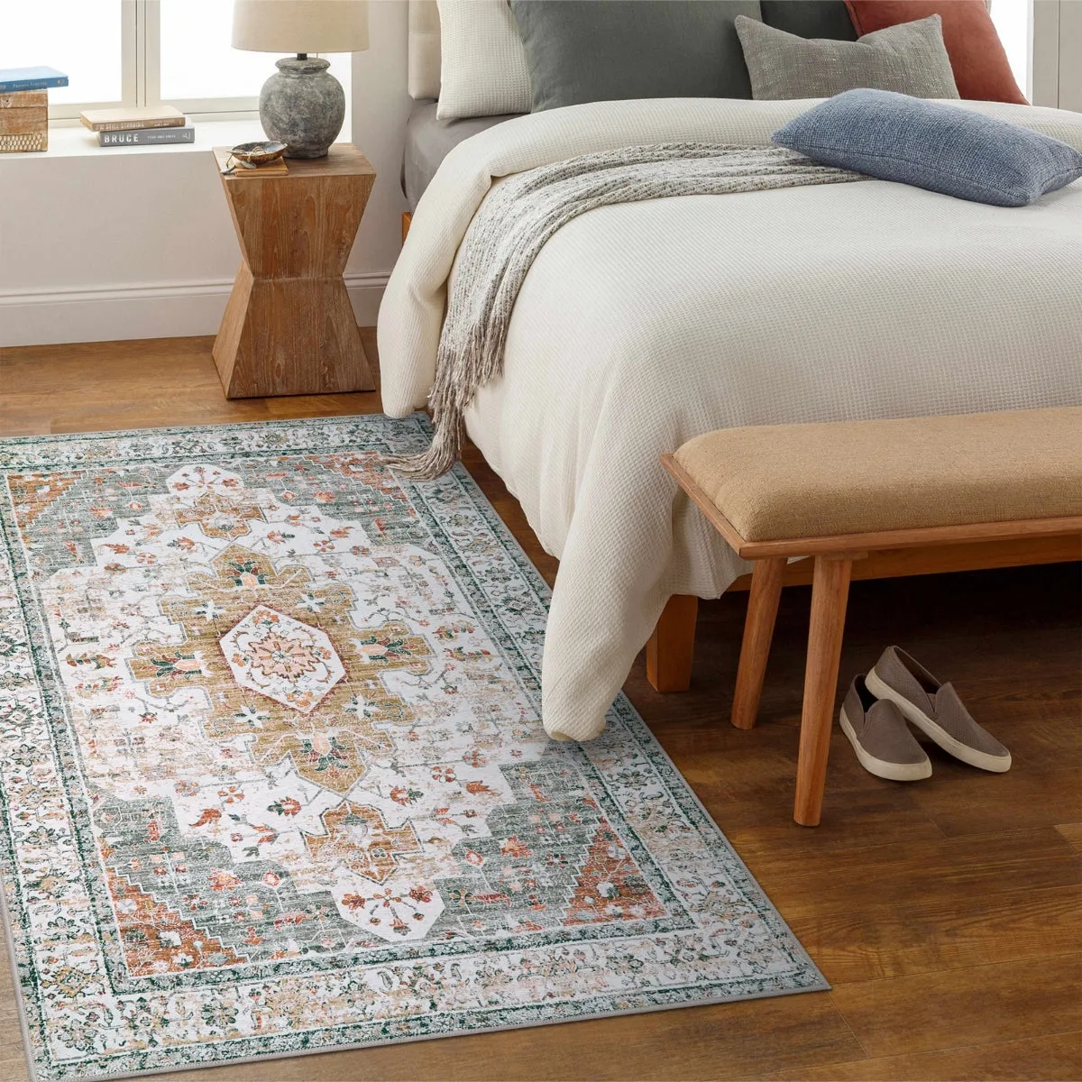 Helene Ultra-Thin Washable Vintage Floral Beige & Gold Area Rug